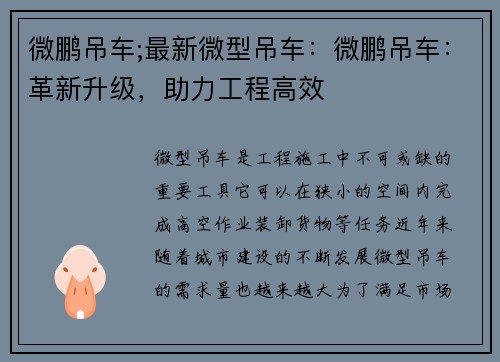 微鹏吊车;最新微型吊车：微鹏吊车：革新升级，助力工程高效