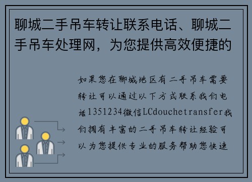 聊城二手吊车转让联系电话、聊城二手吊车处理网，为您提供高效便捷的二手吊车交易平台