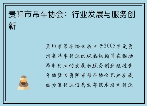 贵阳市吊车协会：行业发展与服务创新